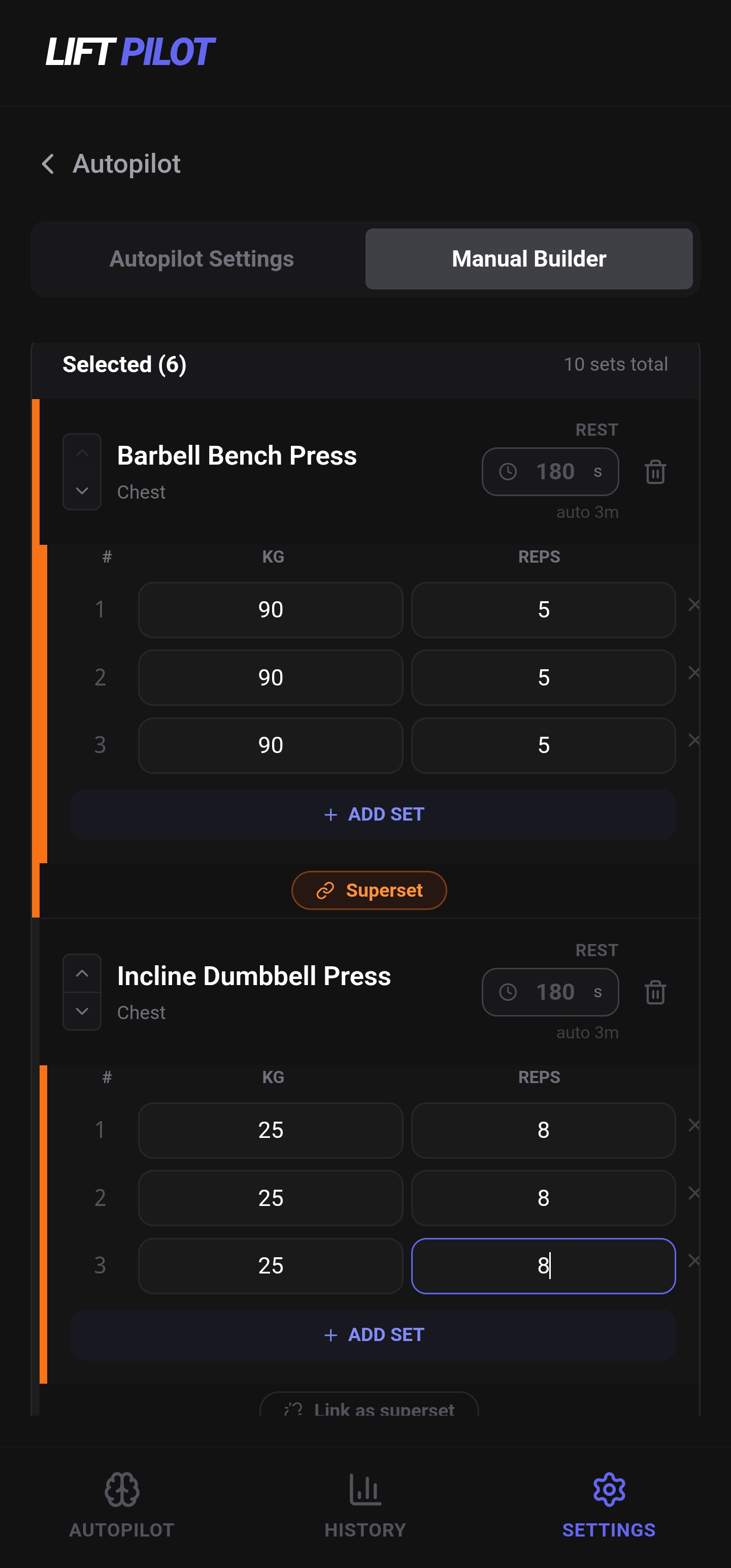 LiftPilot custom workout builder with supersets